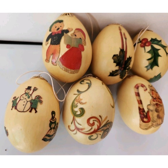 The Unbranded Brand Other - (6) Vtg Christmas Ornament Set REAL BLOWN EGG 1950s Decoupage Holiday Santa Snow